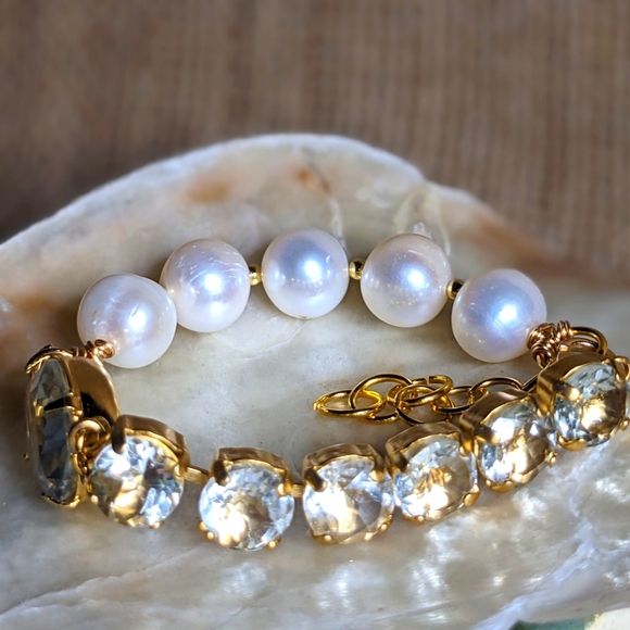 21 Carats Natural Prasiolite/ Green Amethyst and White Baroque Pearl Bracelet - Picture 4 of 6